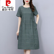 皮爾卡丹棉麻連衣裙女2024年夏季新款氣質減齡遮肚顯瘦中長款條紋亞麻裙子 墨綠色 2XL 130-140斤