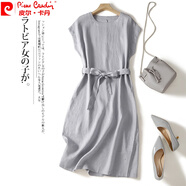 皮爾卡丹（pierre cardin）日系出口尾貨純色休閑棉麻連衣裙女夏收腰綁繩亞麻字中長裙針 淺銀色 XL【130-145斤】