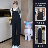 敏潮格倫（MINCHAOGELUN）孕婦裝背帶褲春秋外穿寬松直筒褲顯瘦長(cháng)褲長(cháng)袖條紋上衣套裝潮春夏 單黑色背帶褲 XL