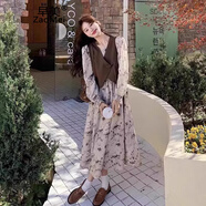 早美（ZaoMei）水墨畫連衣裙套裝女春秋2024新款輕熟風新中式盤扣馬甲裙子兩件套 棕色水墨兩件套 L