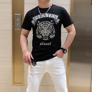 catwick歐洲站2022夏季潮牌T修身本命年男裝紅色老虎頭印花燙鉆短袖T恤潮 黑色 XXL
