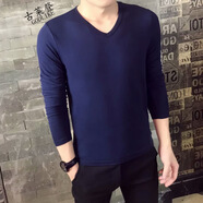 楠子漢#秋裝男士長袖t恤純色薄款男土打底衫圓領(lǐng)修身秋衣上衣內(nèi)穿衣服男 長袖 V 藏藍(lán)色 L碼建議105-125斤