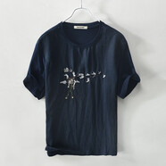 構(gòu)致人物刺繡亞麻短袖T恤男圓領(lǐng)休閑夏季薄款拼接棉麻料半袖上衣體恤 寶藍(lán)色 XL