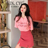 SIN.CYC氣減齡韓版港味顯瘦套裝夏裝時(shí)尚俏皮半身裙 粉T+裙子 XL （120-130斤左右）