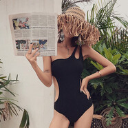 柯帛游泳衣女連體溫泉比基尼性感遮肚顯瘦新款保守歐美ins溫泉泳裝 黑色 M