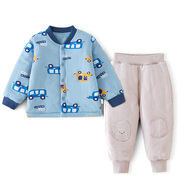 棉大班（MIANDABAN）寶寶夾棉保暖內衣套裝嬰兒秋冬三層薄棉加厚棉衣棉褲男女童冬裝新 灰藍汽車(chē)+灰色 90 CM