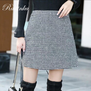 Radinka2025春秋新款千鳥格開叉短裙女毛呢高腰顯瘦半身裙格子a字裙YLD 黑白格 L