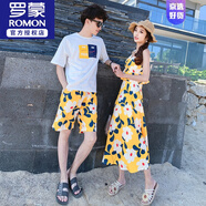 羅蒙（ROMON）三亞海邊蜜月度假旅游沙灘情侶夏裝一男一女套裝裙子短袖短褲衣服 6606# 女L