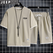 JEEP SPIRIT吉普短袖T恤男短褲運(yùn)動(dòng)套裝休閑兩件套夏季商務(wù)中青年 杏色 XL (145斤-160斤)