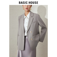 Basic House/百家好春季新款翻駁領(lǐng)西服女寬松遮肉百搭小西裝外套 灰咖色 M