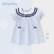 JELLYBABY連衣裙女童公主裙兒童娃娃領裙子夏季兒童裙子女童學院風連衣裙 藍色條紋 110