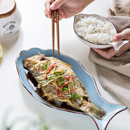 ezicok魚(yú)盤(pán)蒸魚(yú)盤(pán)菜盤(pán)陶瓷盤(pán)魚(yú)型盤(pán)子湯盤(pán)純色西餐盤(pán)早餐盤(pán)家用 魚(yú)盤(pán)-藍色 1個(gè) 30cm