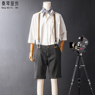 桑琴短褲休閑五分褲吊帶男士新郎伴郎男英倫復古條紋背帶褲夏季修身男 黑色條紋 28