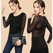 學(xué)子言?xún)却畛【W(wǎng)紗透明打底衫女上衣低領(lǐng)薄紗長(cháng)袖薄款紗衣罩衫蕾絲 前雙后單 圓領(lǐng) 黑色均碼(適合體重80-115)