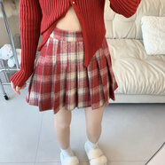 以歐（YIOU）2024新款復(fù)古學(xué)院風(fēng)格子半身裙設(shè)計(jì)感百褶毛呢短裙6098- 紅色 S