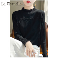 拉夏貝爾（La Chapelle）精紡半高領(lǐng)羊 毛衫女蕾絲花邊鏤空提花長(cháng)袖針織毛衣釘珠打底衫上 純100自動(dòng)發(fā)熱黑色 純100自動(dòng)發(fā)熱M