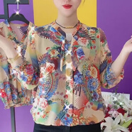 索宛亦（SUOWANYI）七分袖飄帶雪紡衫女2023夏季新款時尚寬松遮肚子小花衫 鳳尾花 5XL 建議165-180斤