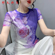 RLAS素雅花色印花網(wǎng)紗t恤女短袖歐洲站夏季時尚修身顯瘦上衣洋氣小衫 9961# 圓領(lǐng) XL