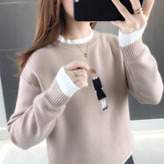 純邇加絨加厚慵懶風(fēng)針織衫女秋冬韓版毛衣女刺繡套頭假兩件打底上衣女 淺卡 M