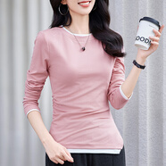 蜜莎蜜拉（Mirza Mirror）圓領(lǐng)拼接長(cháng)袖T恤女裝秋季2025新款不規則下擺抽褶收腰打底衫上衣 粉色 M