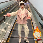 溜溜蛙女童套裝秋冬裝時尚保暖女孩套裝小女孩韓版衣服中大童12歲女學生冬季兒童三件套加厚加絨 粉色 130建議身高120cm左右