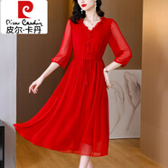 皮爾卡丹（pierre cardin）紅色連衣裙女裝夏季2025新款高端精致氣質(zhì)收腰仙氣雪紡中長(zhǎng)款裙子 紅色 L