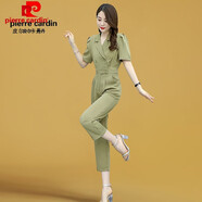 皮爾卡丹官方高檔女裝2022夏裝新款冰絲韓版高腰連體褲收腰顯瘦時尚休閑套裝連衣褲氣質(zhì)高檔高端大氣針織 軍綠色 L/165