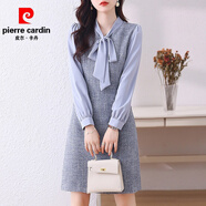 皮爾卡丹（pierre cardin）毛呢連衣裙女裝春秋假兩件小香風(fēng)長(cháng)袖中長(cháng)裙打底優(yōu)雅溫柔風(fēng)女式 藍色 2XL (125-135斤)