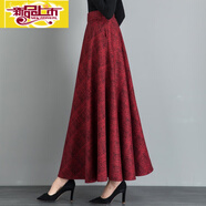 初徑秋冬新款復古百搭格子毛呢半身裙女高腰字裙中長(cháng)款休閑大擺長(cháng)裙 國色紅格子 S