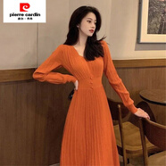 皮爾卡丹（pierre cardin）白色針織內(nèi)搭連衣裙女春秋韓劇穿搭配大衣毛衣裙子打底中長款女裝 橘色 L 建議110-120斤