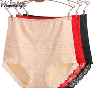 完美情侶【3條裝】棉質(zhì)女士?jì)妊澟愿懈哐苌頍o(wú)痕蕾絲花邊收腹三角褲 提臀包臀大碼肥MM女式內褲收腹褲 杏色+大紅+黑色 L(中腰)2尺1至2尺5適合115至150斤