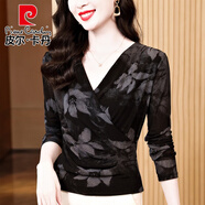 皮爾卡丹（pierre cardin）交叉V領(lǐng)打底衫女時尚長袖秋季新款內(nèi)搭T恤氣質(zhì)上衣印花舞蹈服洋氣 黑色 春秋薄款 XL 參考110-120斤