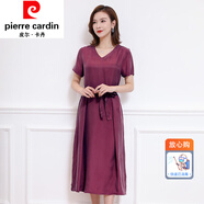 皮爾卡丹（pierre cardin）女裝銅氨絲V領連衣裙寬松收腰遮肚子真絲純色氣質短袖長裙夏 皮爾卡丹-紫色 皮爾卡丹-M