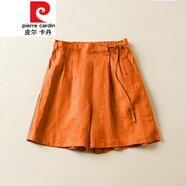 皮爾卡丹（pierre cardin）純色亞麻闊腿短褲女夏季薄款垂感系帶顯瘦休閑褲百搭棉麻字熱褲針 桔紅色 M 【90-105斤】