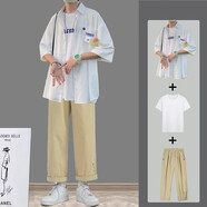 愛(ài)洛斯汀堡 夏季休閑套裝男韓版寬松短袖t恤男痞帥潮流衣服一套搭配衣服男裝三件套 白色襯+白短袖+卡其褲 L【100-120斤】