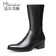 邁爾司騰（Mleisyton）男士長靴子馬靴男高筒靴冬季加絨保暖皮靴韓版潮流真皮尖頭高跟靴拉鏈靴子男 56002H單層內(nèi)里 39