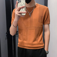 管先生短袖毛衣男士秋冬款加厚短袖t恤圓領(lǐng)修身半袖針織衫保暖內搭小衫 M05橙色 2XL 建議140-155斤