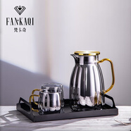 梵卡奇（FANKAQI）玻璃涼水壺套裝家用耐高溫大容量冷水壺高硼硅防爆白 煙灰色2000ML+1壺2杯+鐵藝托盤