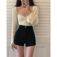 ESCURLTF牛仔短褲女修身高腰夏季新款韓版百搭顯瘦彈力收腹包身a字熱褲 修身牛仔短褲黑色 XL 建議112-125斤
