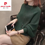 皮爾卡丹春秋裝新款蝙蝠衫套頭寬松上衣顯瘦純色織衫蝙蝠袖氣質(zhì)毛衣女 軍綠色 80-140斤可穿