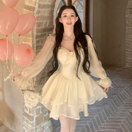 沐悠羽在逃公主蓬蓬裙ins超仙小個子仙女裙溫柔生日裙子顯瘦抹胸連衣裙 雙生芭蕾(米色) XL