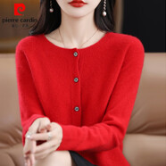 皮爾卡丹100%羊毛衫女圓領(lǐng)開(kāi)衫春秋新款針織毛衣外套羊毛絨衫低領(lǐng)外搭上衣 大紅色 2XL