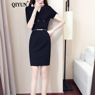 QIYUN品牌女裝 V領職業(yè)連衣裙女新款修身時尚OL黑色工裝氣質正裝鉛筆裙 黑色短袖 S
