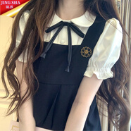 鏡莎套裝裙子夏天新款連衣裙學(xué)生學(xué)院風(fēng)少女生高中初中生黑色2022夏季襯衫背帶裙 套裝裙 S