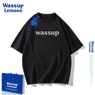WASSUP LEMON短袖t恤男純棉2023新款wassup國潮落肩寬松情侶裝簡約印花上衣 黑色3049 L    130-150斤