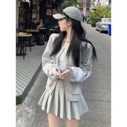 早美（ZaoMei）連衣裙秋季時尚休閑衛(wèi)衣套裝女小個子短款外套百褶半身裙子兩件套 灰色套裝 S