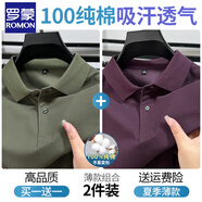 羅蒙（ROMON）t恤男夏季純棉短袖商務(wù)翻領(lǐng)POLO衫純色休閑百搭新款半袖體恤 軍綠色+葡萄紫 XL