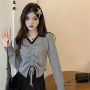 正肩t恤女顯瘦別致長袖上衣女長袖T恤女顯瘦季新款辣妹純欲風Polo領長袖T恤女設計感抽繩系帶短款上衣 深灰色 【華夫格-高質(zhì)量】 L