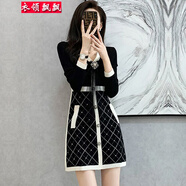 衣領(lǐng)飄飄時(shí)尚V領(lǐng)格紋針織連衣裙新款長(cháng)袖春秋季女裝打底裙子優(yōu)雅衣服 黑色 S