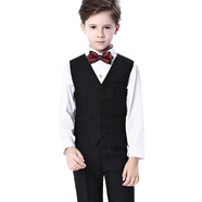 兒童禮服男童馬甲套裝禮服韓版小禮服套裝花童男孩鋼琴演出服男童表演童裝春秋 黑馬甲+白長(cháng)袖襯衫+黑長(cháng)褲+酒紅雙層領(lǐng)結 150